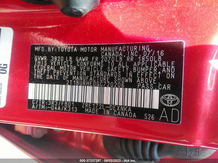 2016 TOYOTA COROLLA L/LE/LE PLS/PRM/S/S PLS - 2T1BURHE0GC720206