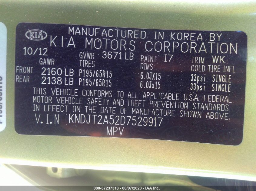 2013 KIA SOUL BASE - KNDJT2A52D7529917