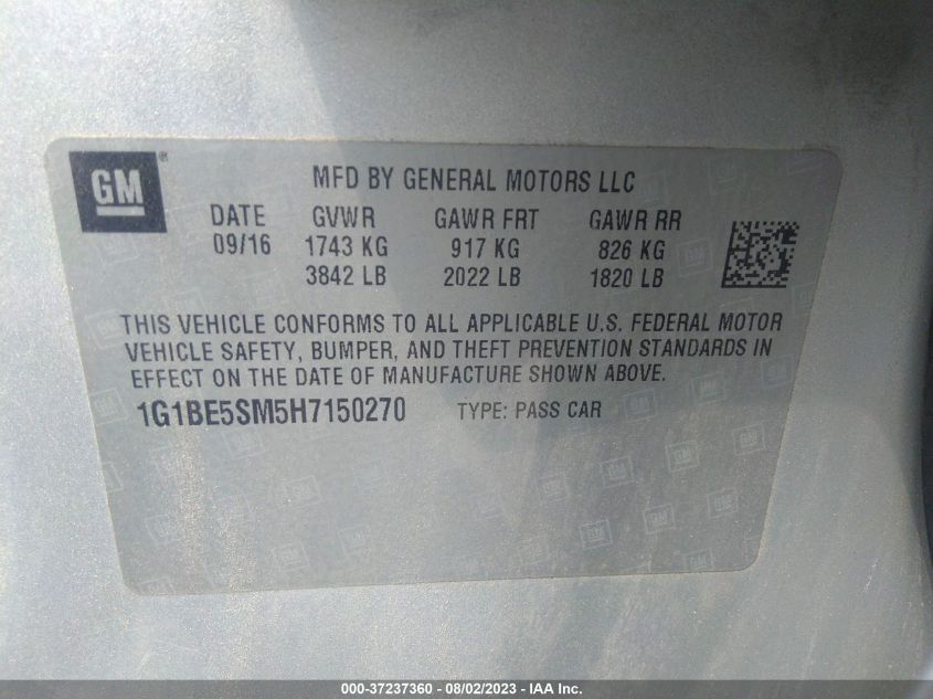 2017 CHEVROLET CRUZE LT - 1G1BE5SM5H7150270
