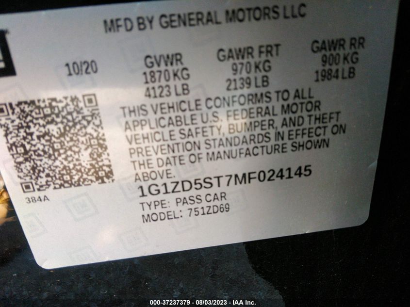 2021 CHEVROLET MALIBU LT - 1G1ZD5ST7MF024145