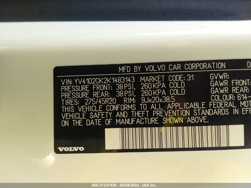 YV4102CK2K1483143 2019 VOLVO XC90, photo no. 9