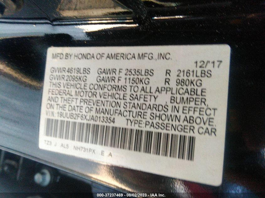 2018 ACURA TLX TECH+A/TCH+AR - 19UUB2F6XJA013354