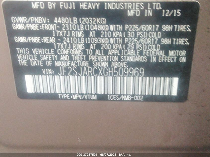 2016 SUBARU FORESTER 2.5I LIMITED - JF2SJARCXGH509969