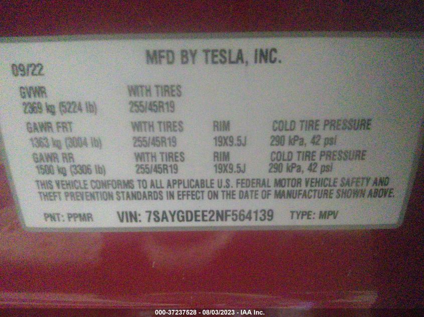 7SAYGDEE2NF564139 Tesla Model Y LONG RANGE 9