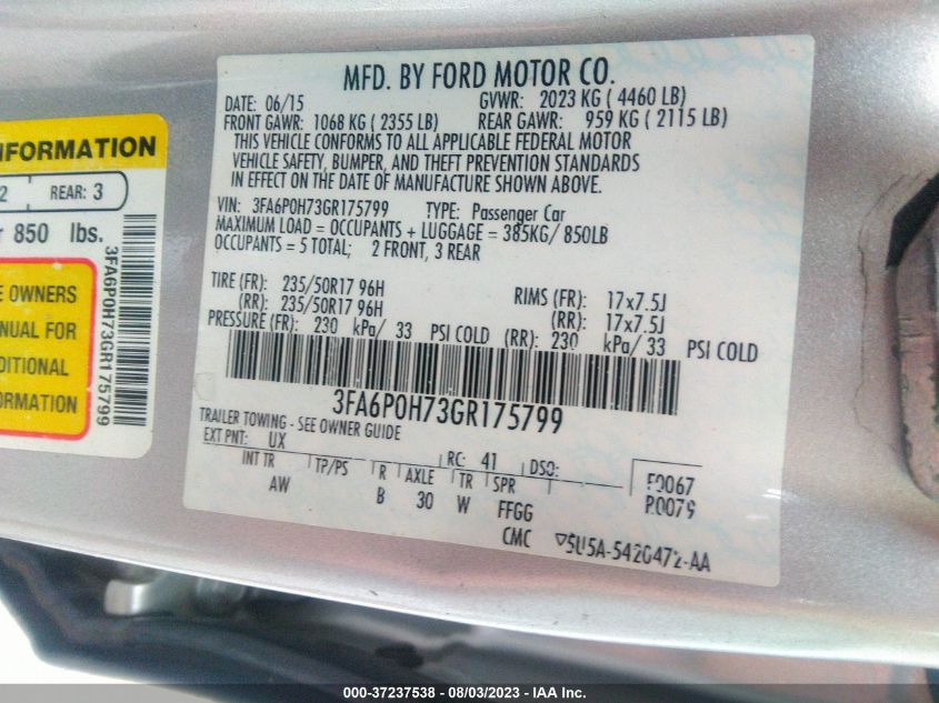 2016 FORD FUSION SE - 3FA6P0H73GR175799