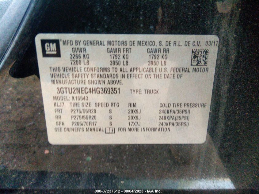2017 GMC SIERRA 1500 SLT - 3GTU2NEC4HG369351
