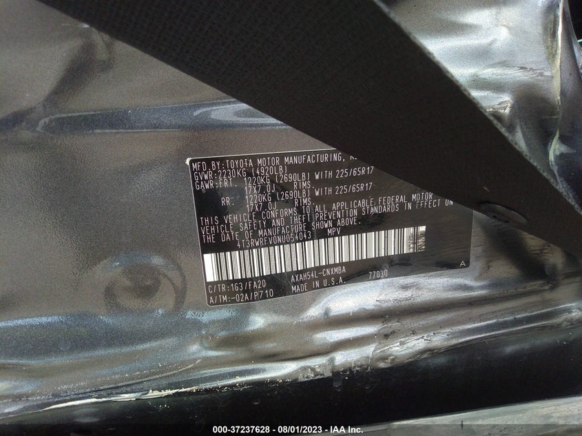VIN 4T3RWRFV0NU054043 2022 TOYOTA RAV4 HYBRID XLE