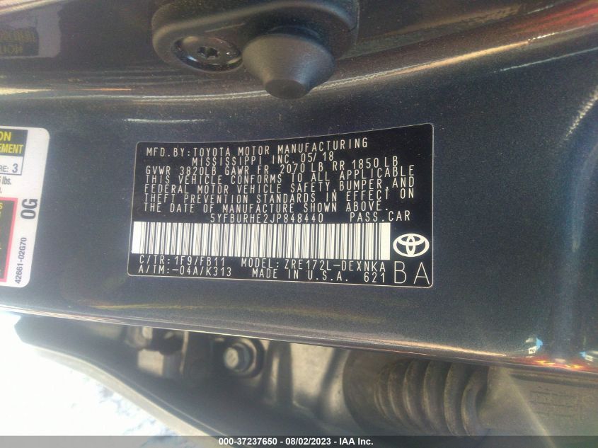2018 TOYOTA COROLLA L/LE/XLE/SE/XSE - 5YFBURHE2JP848440