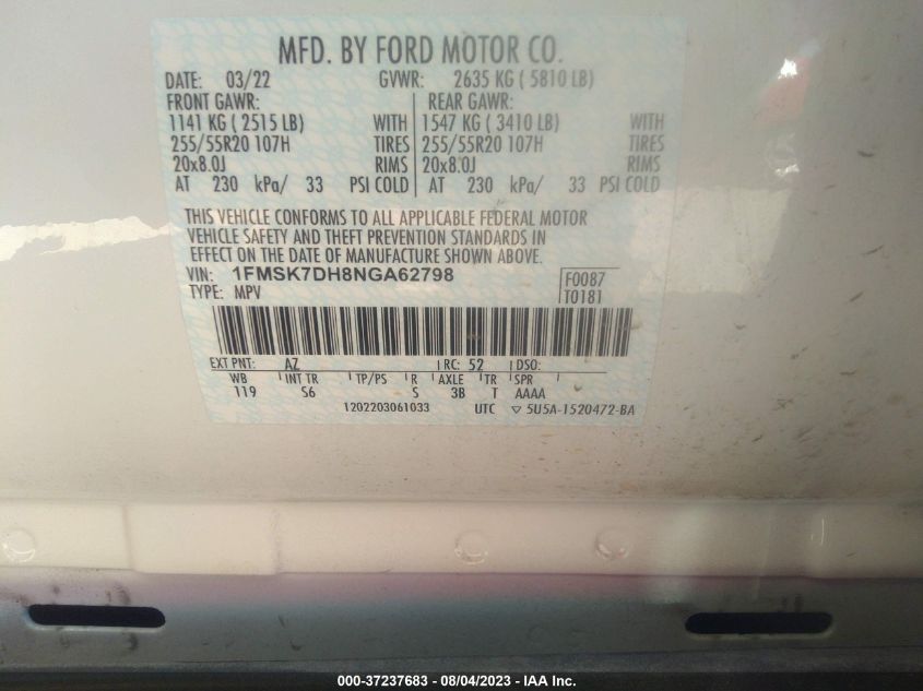 2022 FORD EXPLORER XLT - 1FMSK7DH8NGA62798