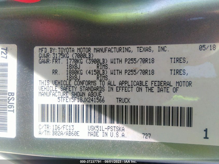 2018 TOYOTA TUNDRA 2WD SR5 - 5TFEY5F18JX241566