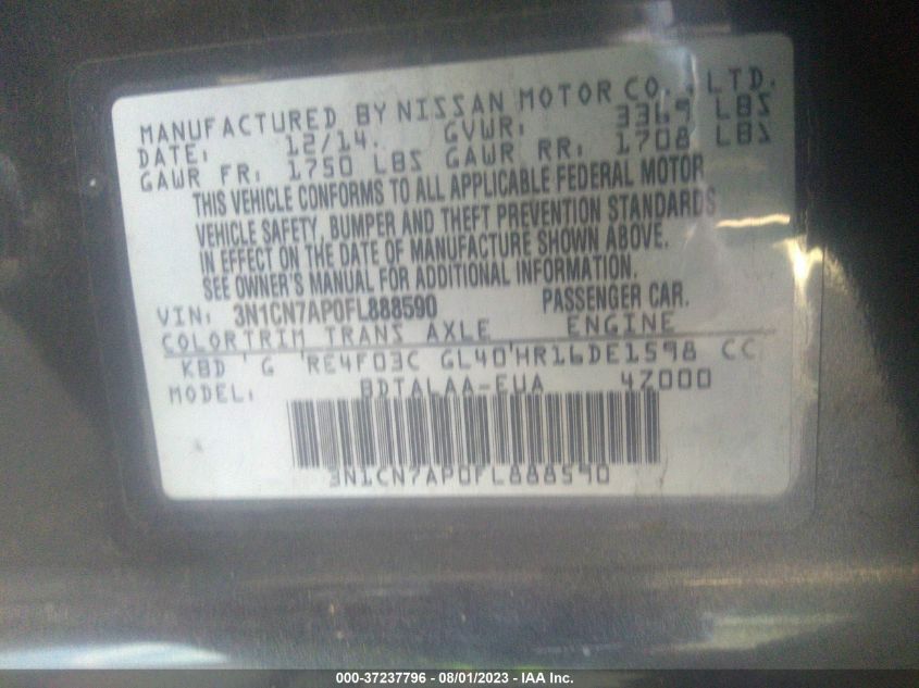 2015 NISSAN VERSA S - 3N1CN7AP0FL888590
