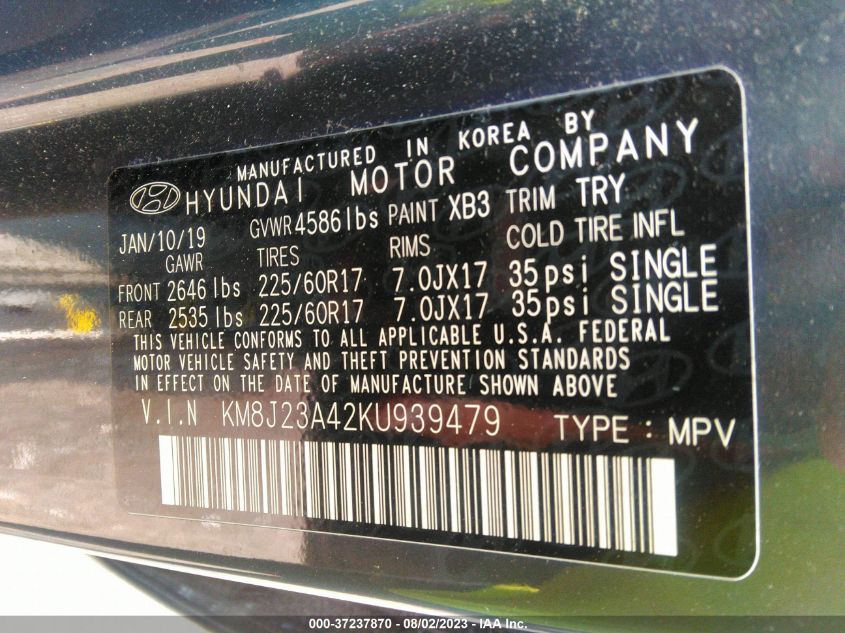 2019 HYUNDAI TUCSON - KM8J23A42KU939479