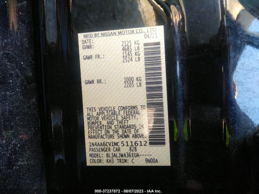 2021 NISSAN MAXIMA SV - 1N4AA6CV1MC511612