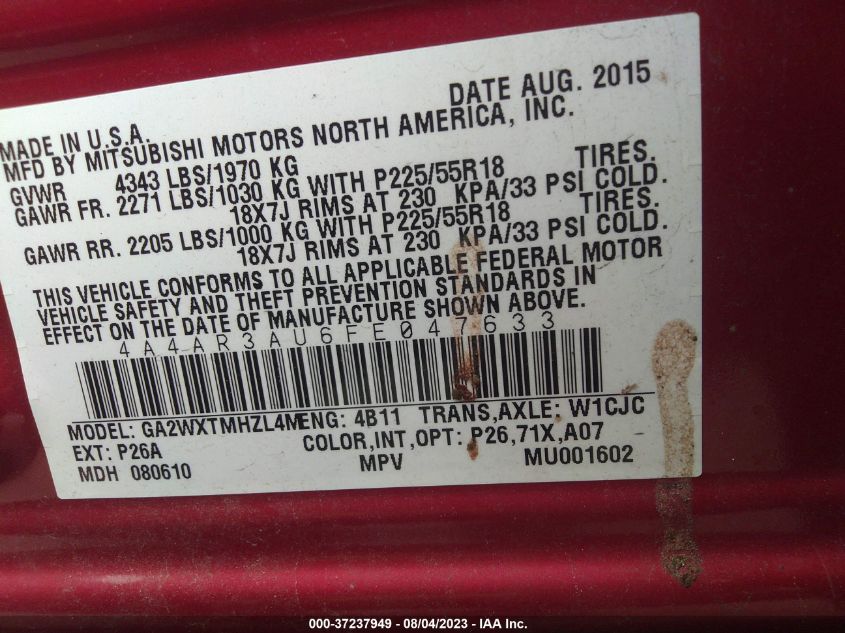 2015 MITSUBISHI OUTLANDER SPORT ES - 4A4AR3AU6FE047633