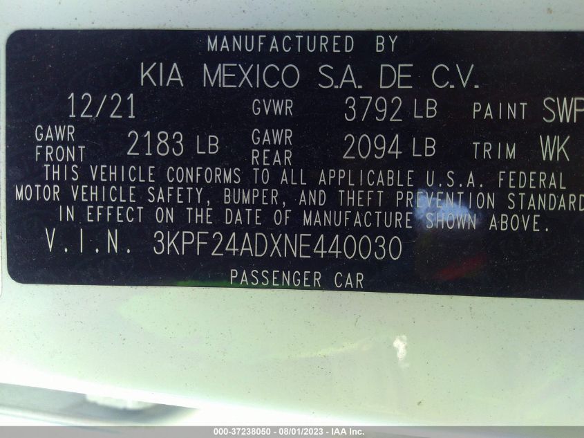 2022 KIA FORTE LXS - 3KPF24ADXNE440030