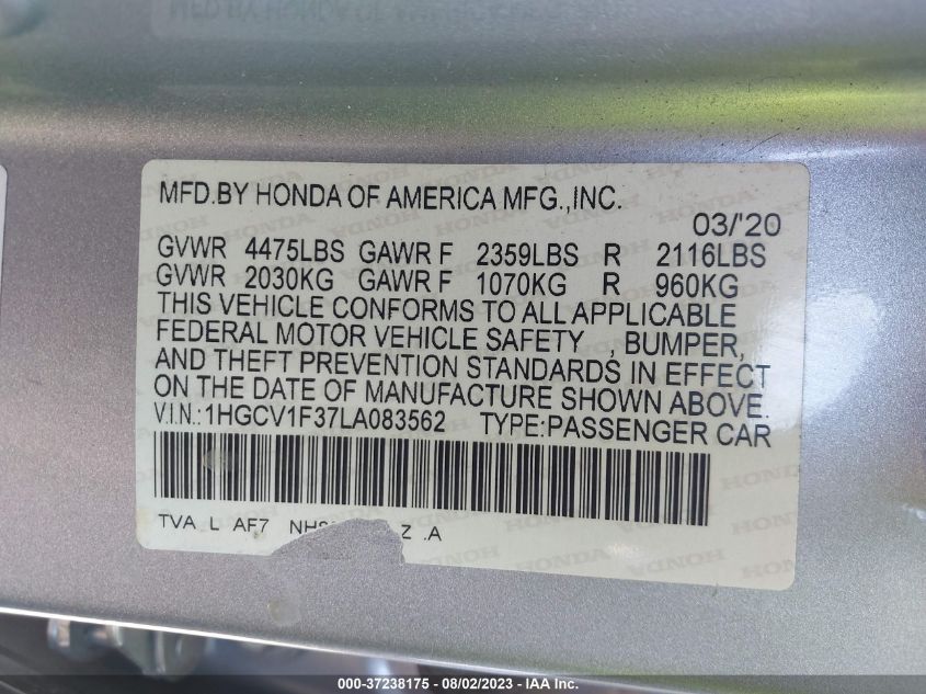 2020 HONDA ACCORD SEDAN SPORT - 1HGCV1F37LA083562