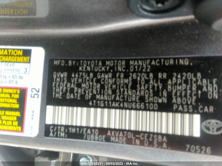 2022 TOYOTA CAMRY SE - 4T1G11AK4NU666100