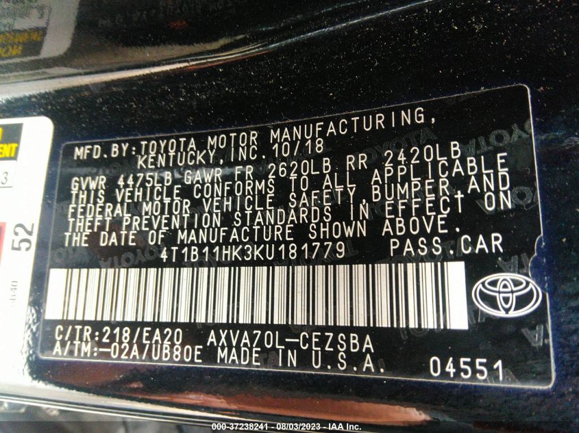 2019 TOYOTA CAMRY LE/SE/XLE/L - 4T1B11HK3KU181779