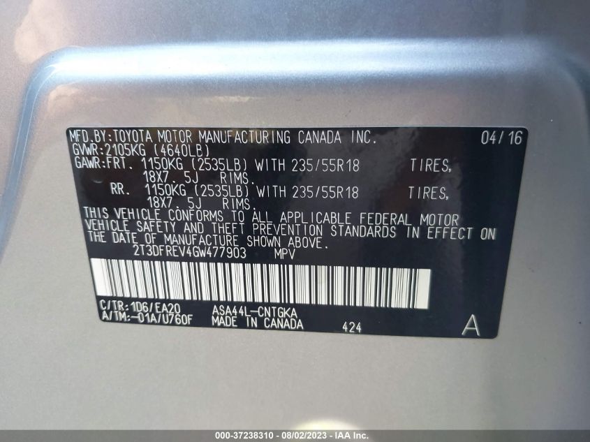 2016 TOYOTA RAV4 LIMITED - 2T3DFREV4GW477903