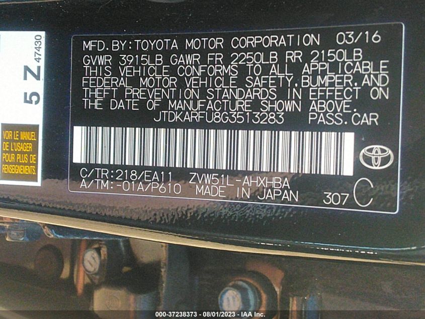 2016 TOYOTA PRIUS FOUR - JTDKARFU8G3513283