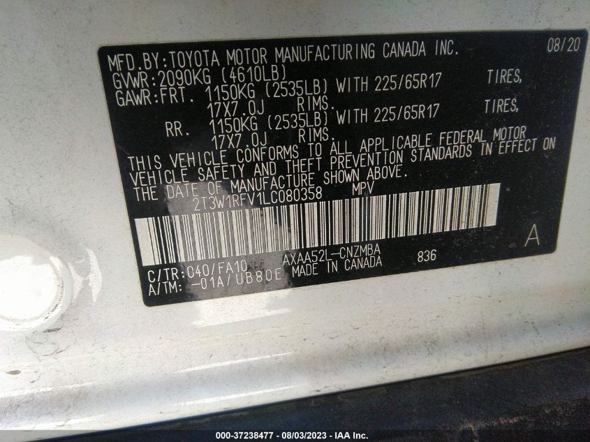 2020 TOYOTA RAV4 XLE/XLE PREMIUM - 2T3W1RFV1LC080358