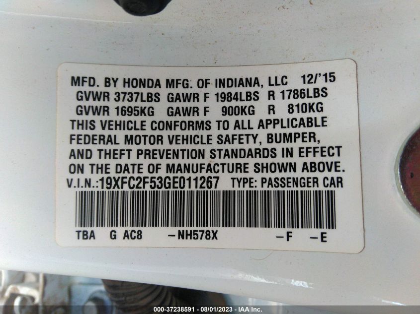 2016 HONDA CIVIC SEDAN LX 19XFC2F53GE011267