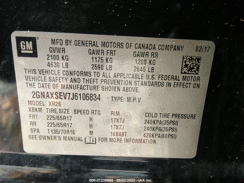 2018 CHEVROLET EQUINOX LT - 2GNAXSEV7J6106834