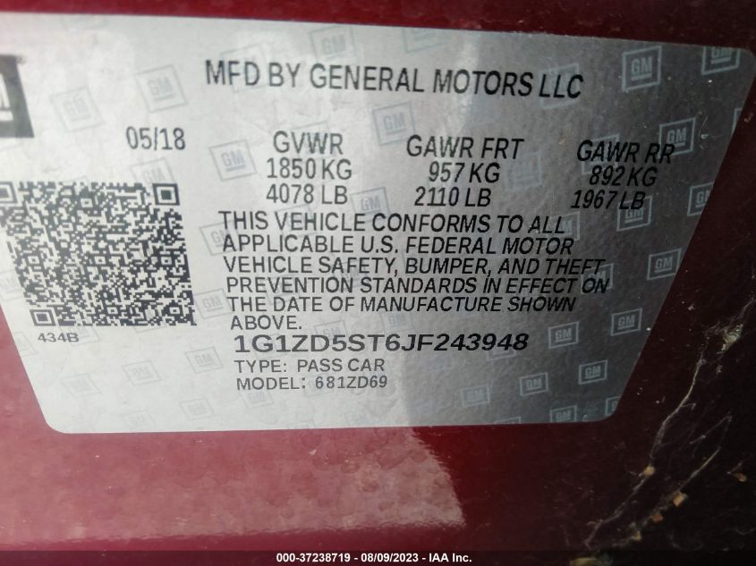 2018 CHEVROLET MALIBU LT - 1G1ZD5ST6JF243948