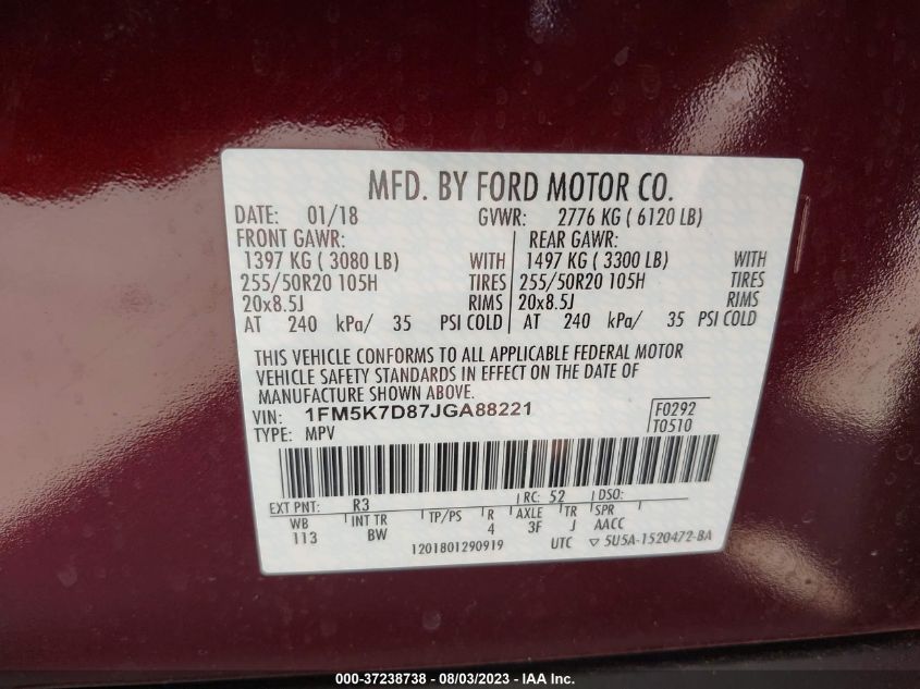 2018 FORD EXPLORER XLT - 1FM5K7D87JGA88221