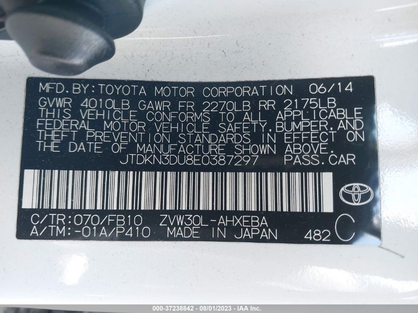 2014 TOYOTA PRIUS FOUR/FIVE/THREE/ONE/TWO - JTDKN3DU8E0387297