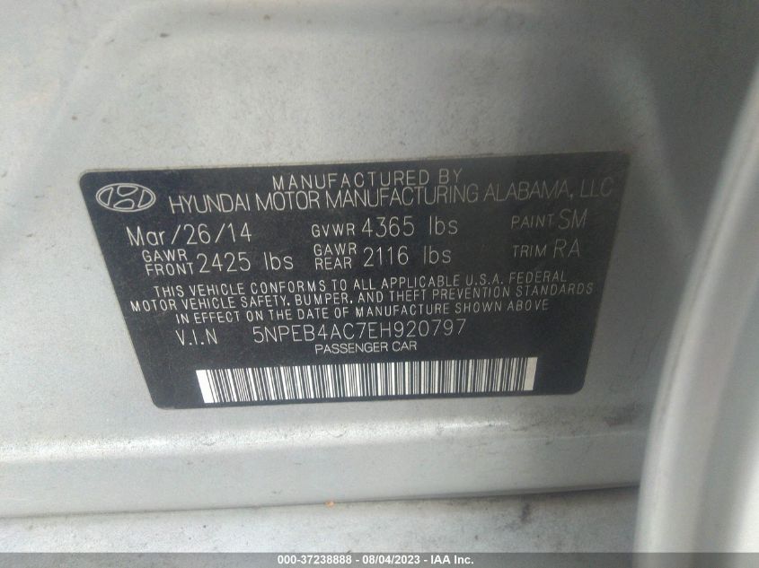 2014 HYUNDAI SONATA GLS - 5NPEB4AC7EH920797