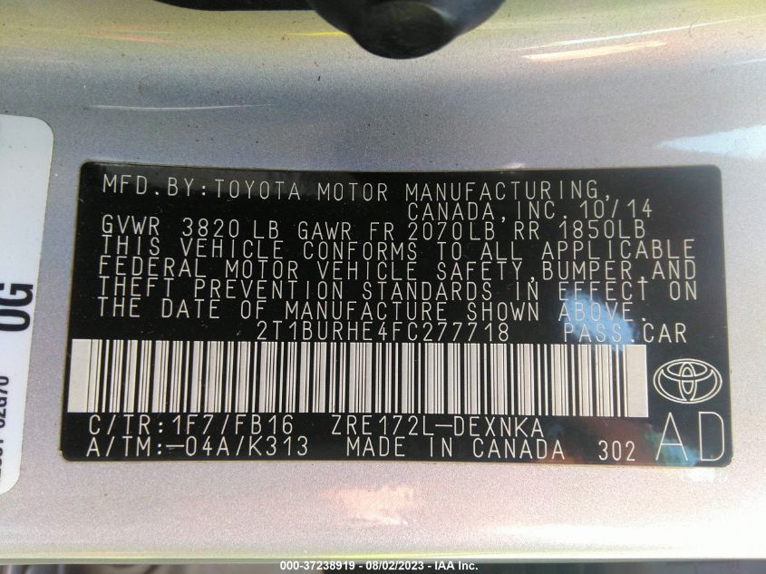 2015 TOYOTA COROLLA L/LE/S/S PLUS/LE PLUS - 2T1BURHE4FC277718