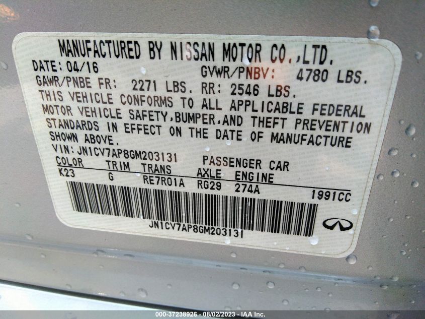 2016 INFINITI Q50 2.0T - JN1CV7AP8GM203131