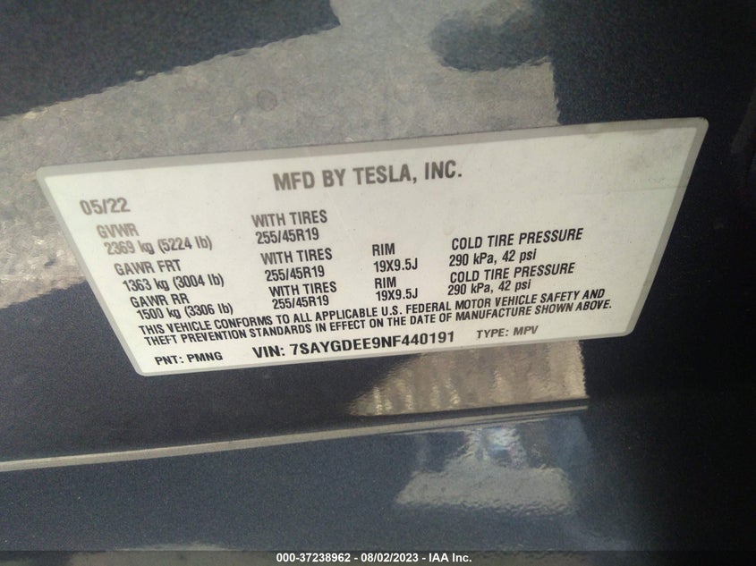 VIN 7SAYGDEE9NF440191 2022 TESLA MODEL Y LONG RANGE