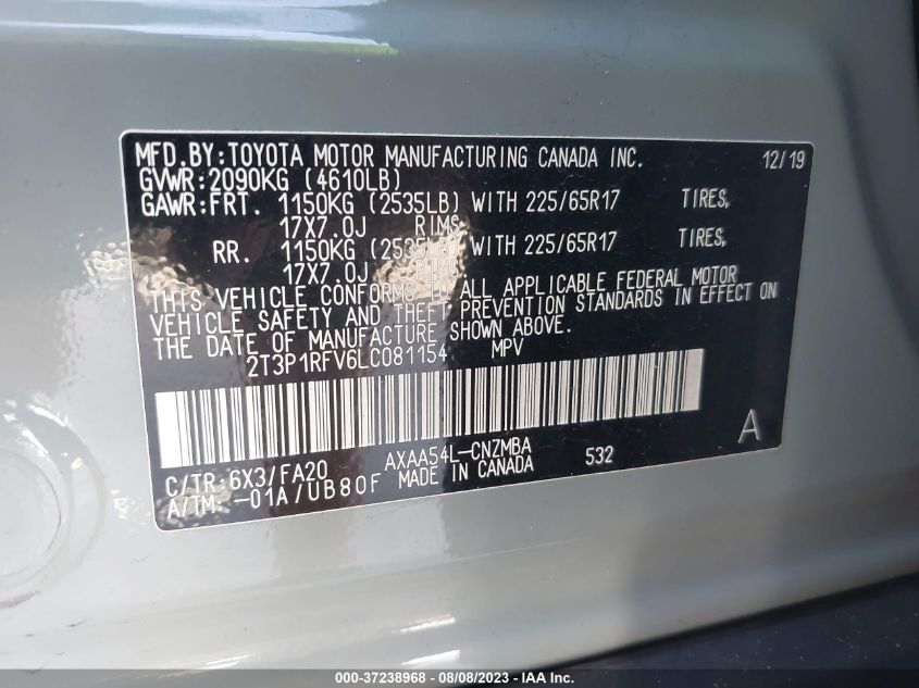 2020 TOYOTA RAV4 XLE - 2T3P1RFV6LC081154