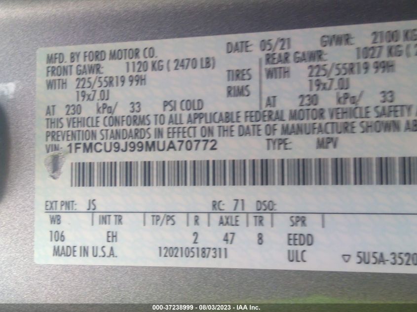 1FMCU9J99MUA70772 2021 FORD ESCAPE, photo no. 9