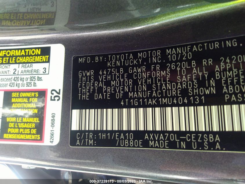 2021 TOYOTA CAMRY SE - 4T1G11AK1MU404131