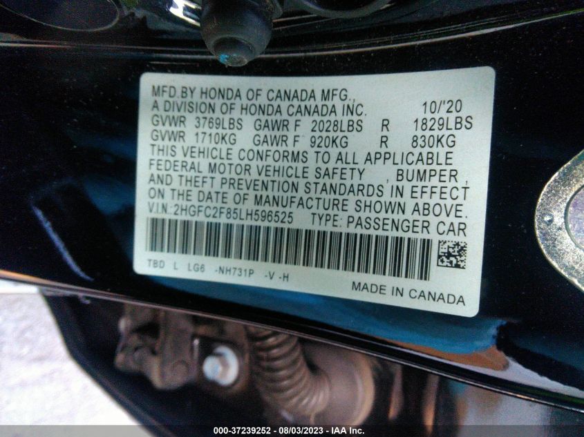 2020 HONDA CIVIC SEDAN SPORT - 2HGFC2F85LH596525