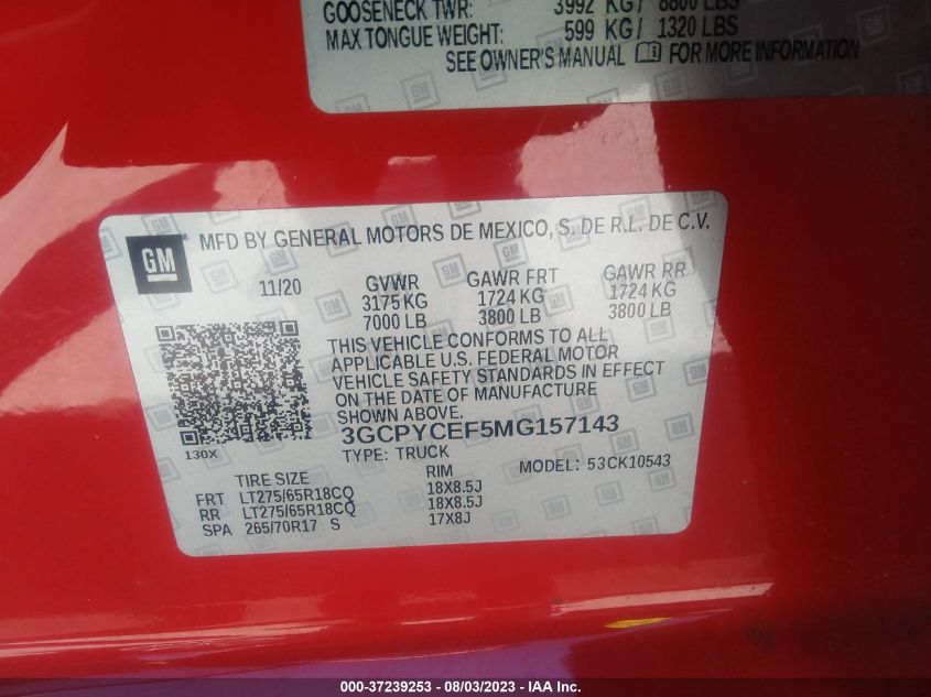 2021 CHEVROLET SILVERADO 1500 CUSTOM TRAIL BOSS - 3GCPYCEF5MG157143