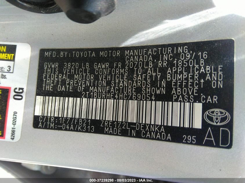 2017 TOYOTA COROLLA L/LE/XLE/SE - 2T1BURHE4HC769054