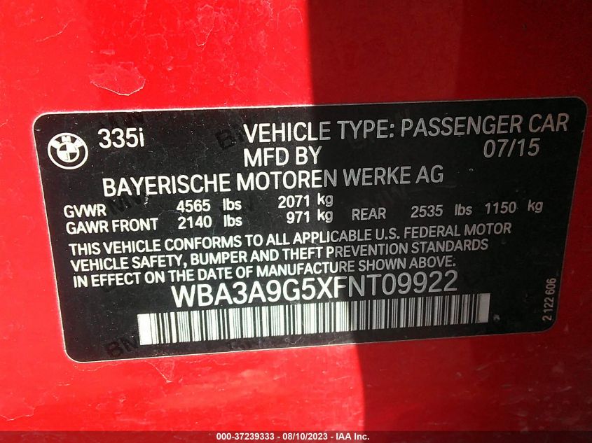 2015 BMW 3 SERIES 335I - WBA3A9G5XFNT09922