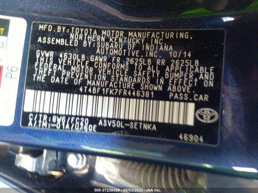2015 TOYOTA CAMRY XLE/SE/LE/XSE - 4T4BF1FK7FR446381