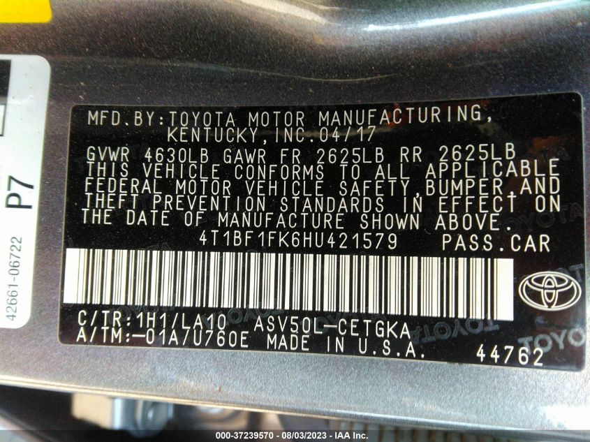 2017 TOYOTA CAMRY LE/XLE/SE/XSE - 4T1BF1FK6HU421579
