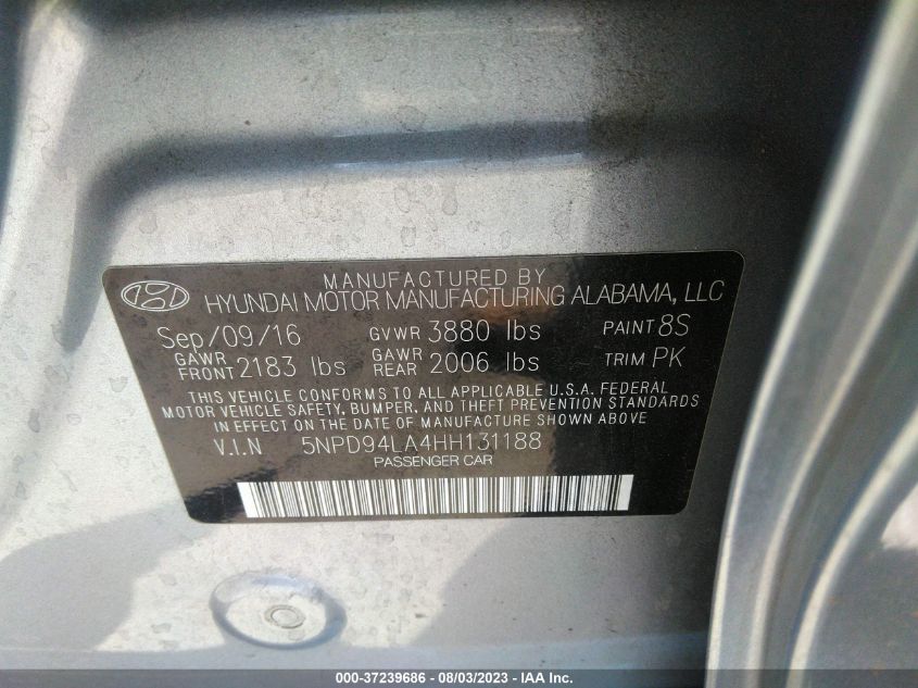 2017 HYUNDAI ELANTRA ECO - 5NPD94LA4HH131188