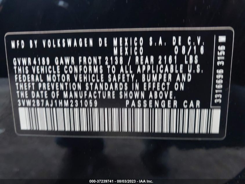 2017 VOLKSWAGEN JETTA S - 3VW2B7AJ1HM231059