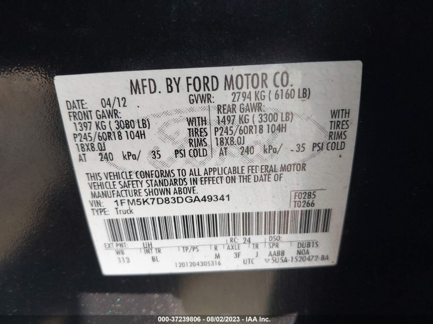 2013 FORD EXPLORER XLT - 1FM5K7D83DGA49341