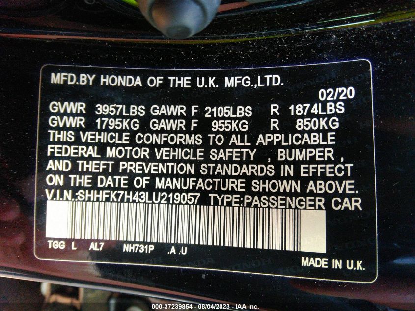 2020 HONDA CIVIC HATCHBACK SPORT - SHHFK7H43LU219057
