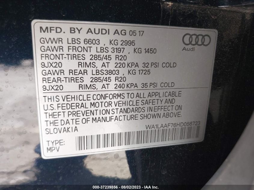 2017 AUDI Q7 PREMIUM PLUS - WA1LAAF76HD056723