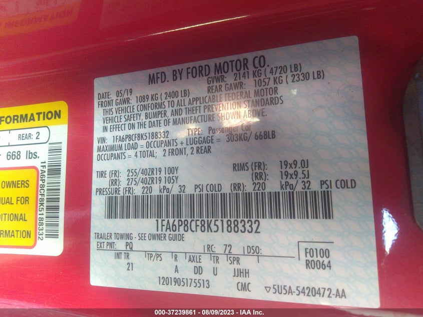 VIN 1FA6P8CF8K5188332 2019 FORD MUSTANG GT