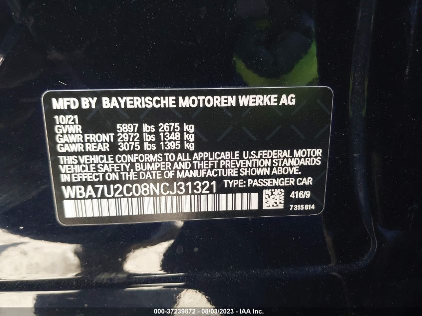 WBA7U2C08NCJ31321 BMW 7 Series 750I XDRIVE 9